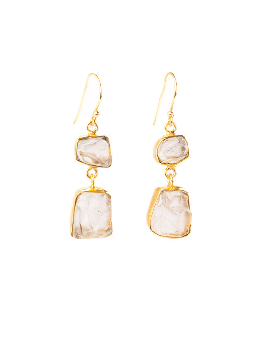 double drop gold hook earrings with Clear quartz crystal