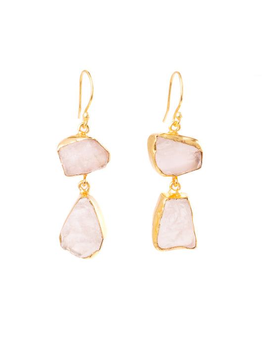 double drop gold hook earrings with rose quartz crystal