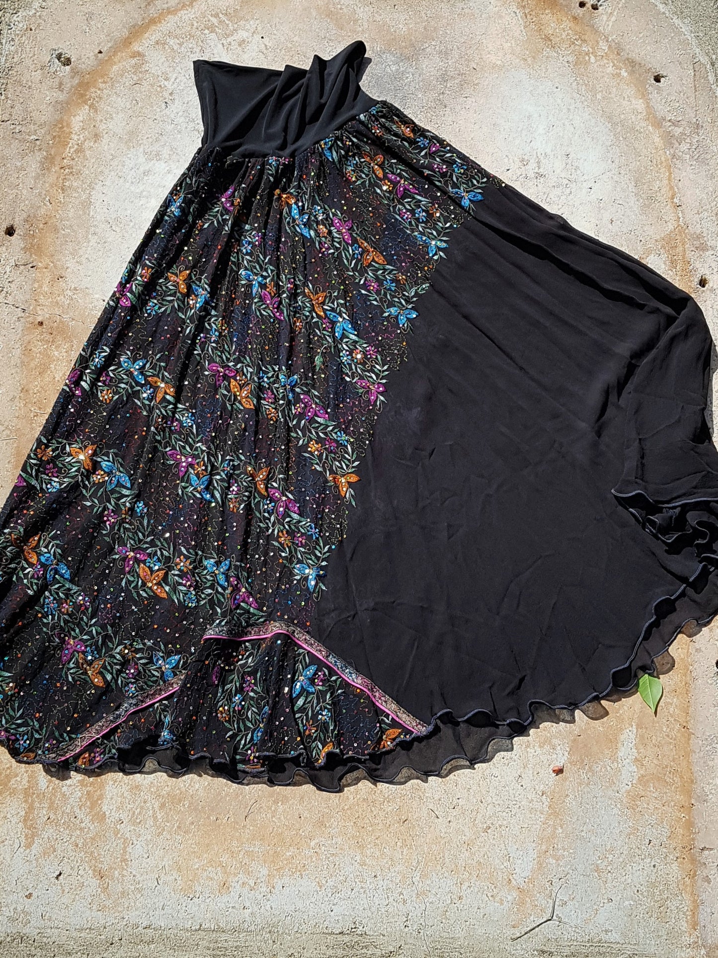 Back view black silk sari skirt in black