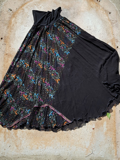 Back view black silk sari skirt in black