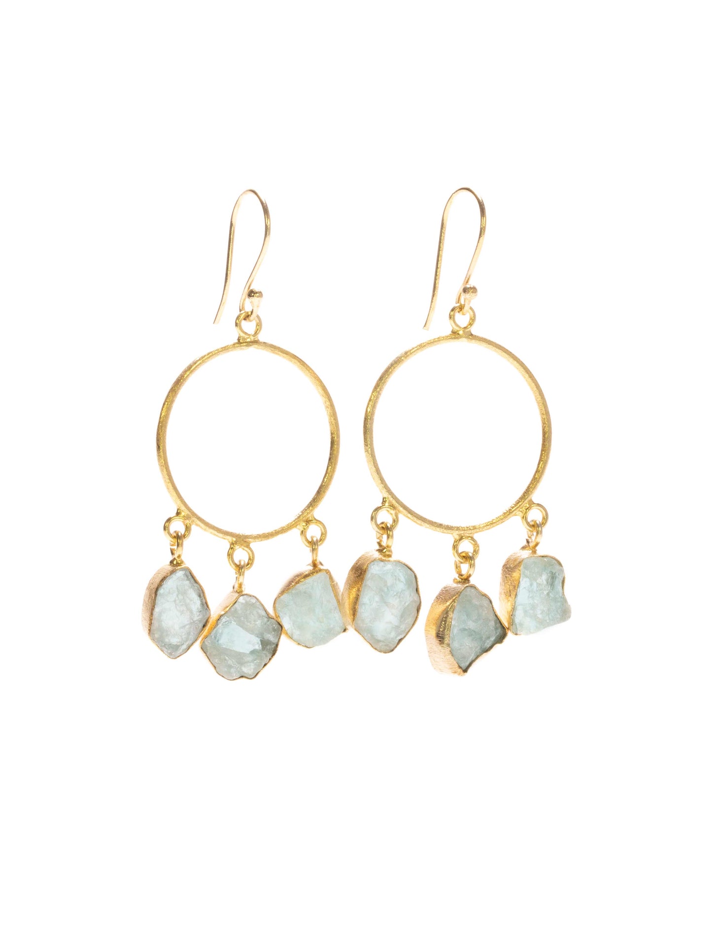 Round shaped gold earrings with aqua marine drops