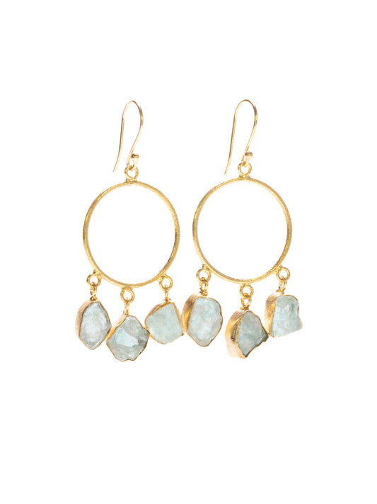 Round shaped gold earrings with aqua marine drops