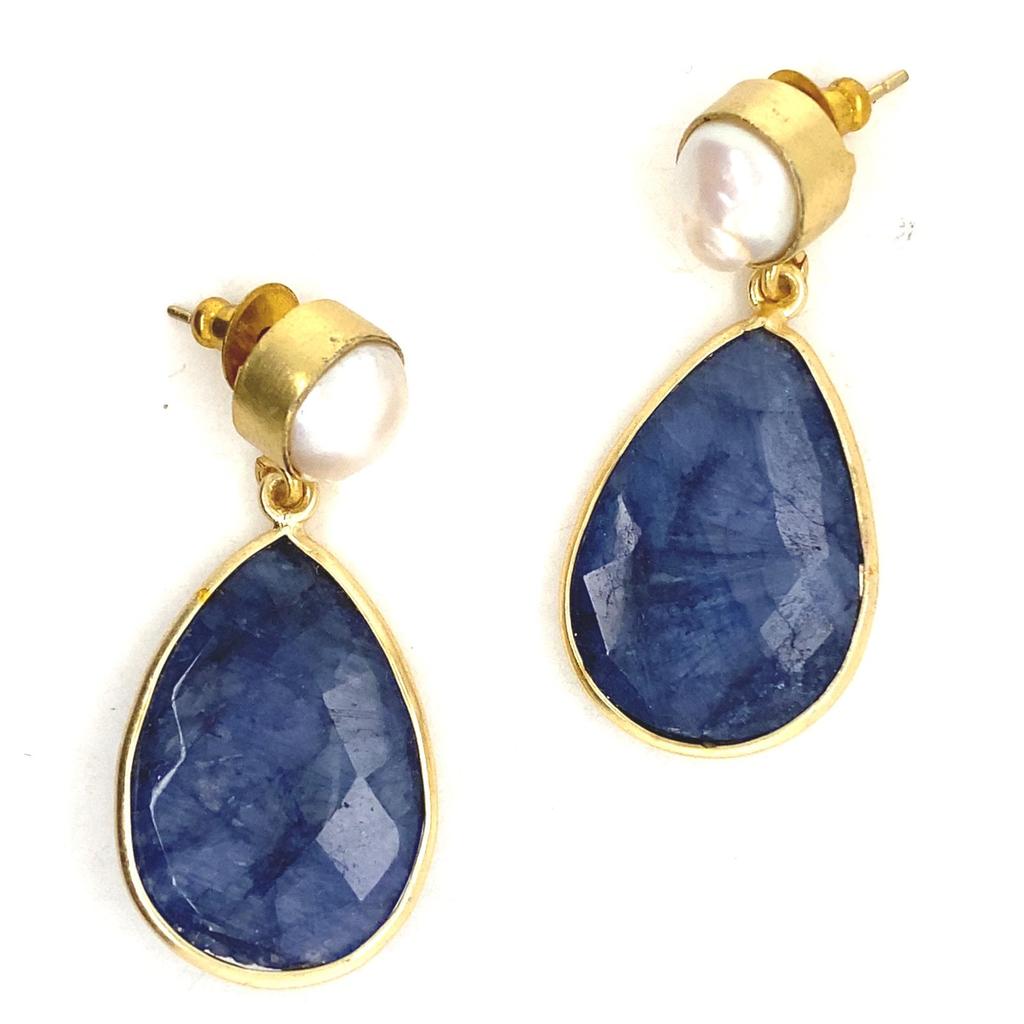Gold luxe statement earrings deep blue lapis and pearl