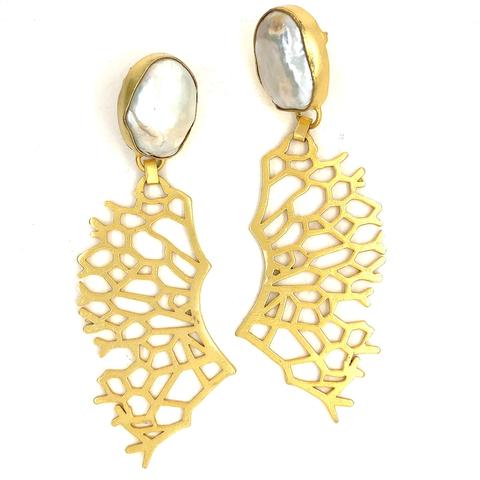 Gold luxe statement earrings gold coral pearls