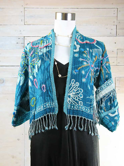 Abstract woolly accented flowers on a teal background Kashmiri wool jacket.