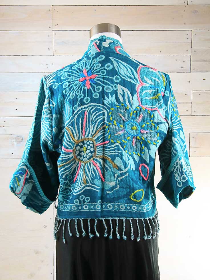 Abstract woolly accented flowers on a teal background Kashmiri wool jacket.