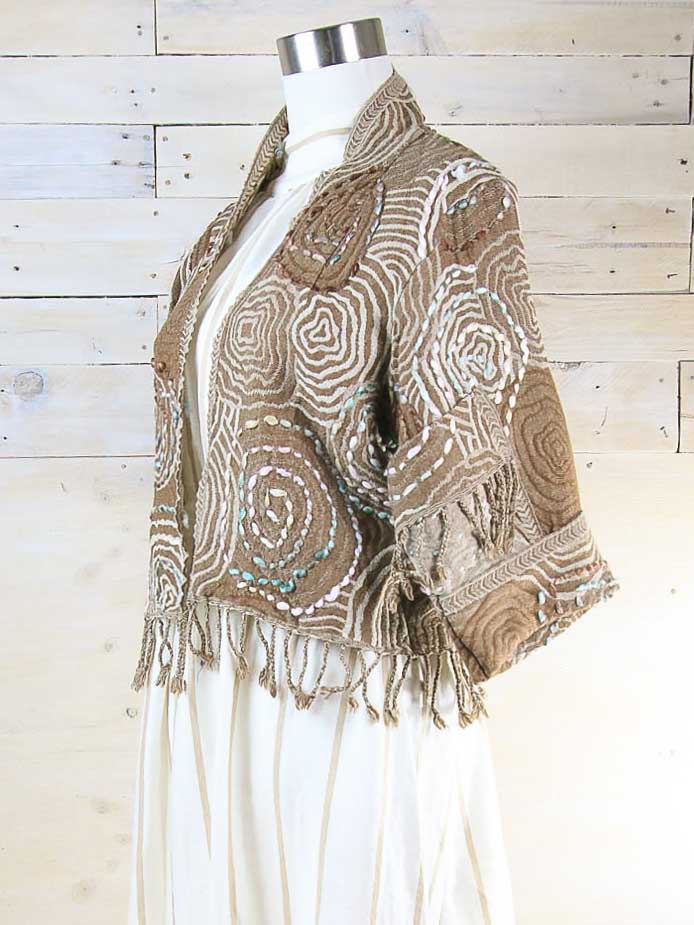 Kashmiri soft fringed wool jacket. Creamy Brown Tones. Size 12