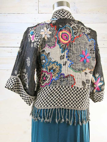 Kashmiri soft fringed wool jacket. Checker pattern and dark tones. Size 10