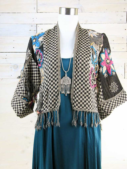 Kashmiri soft fringed wool jacket. Checker pattern and dark tones. Size 10
