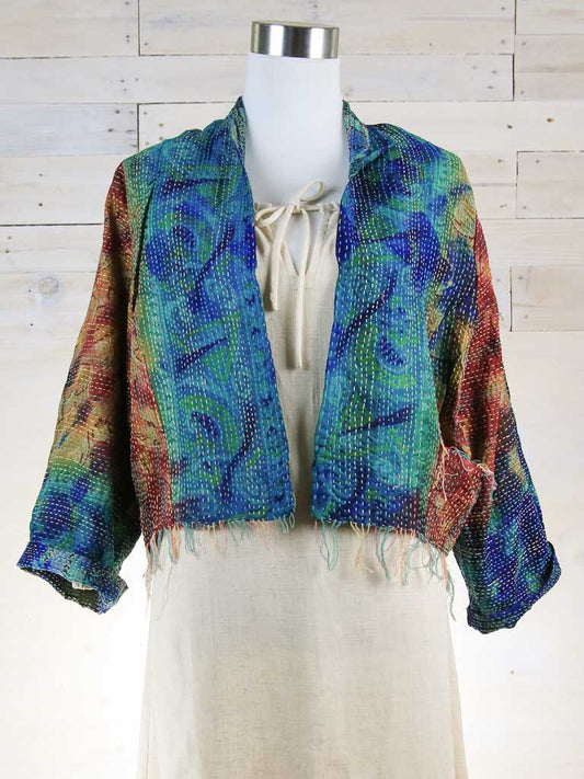 boho chic silk jacket with blue and red tones