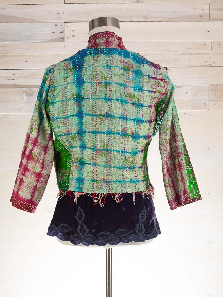 Rear view of this gorgeous turquoise and wine combination in a silk reversible jacket