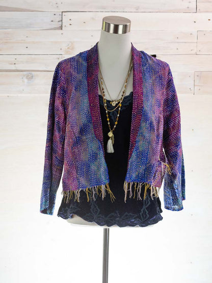 Magenta tones in this silk kantha cropped jacket