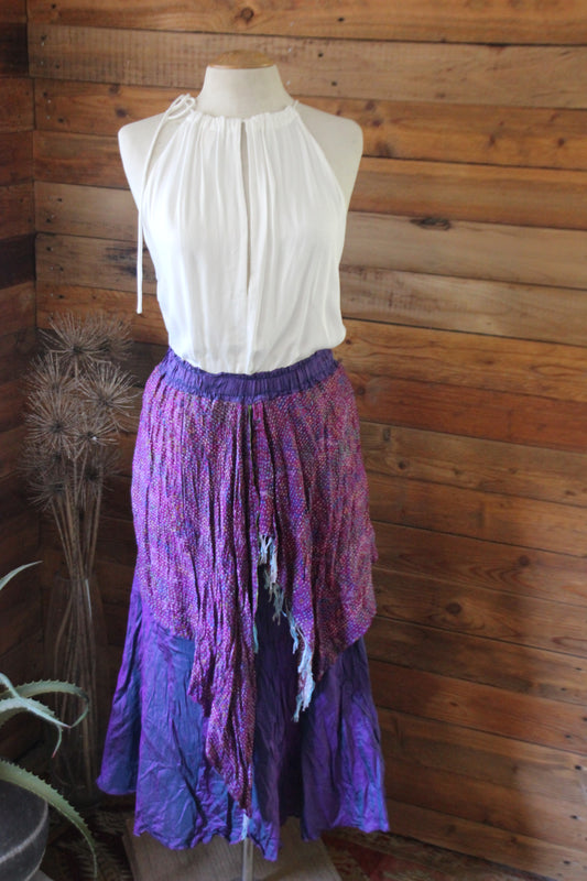 Purple silk skirt with hand stitched kantha trim