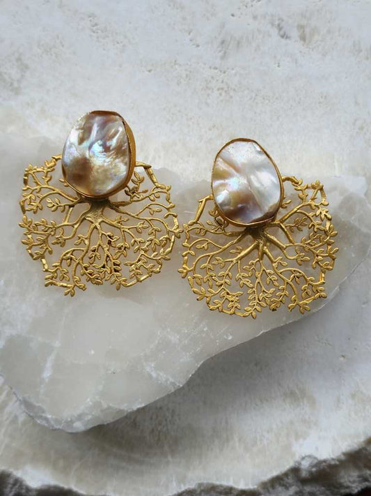 Gold luxe statement earrings gold tree pearls