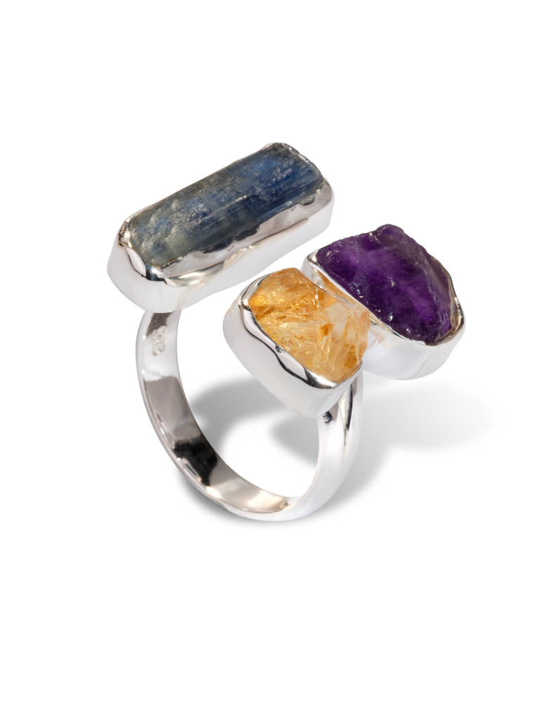 Silver ring set with kyanite amethyst and citrine.