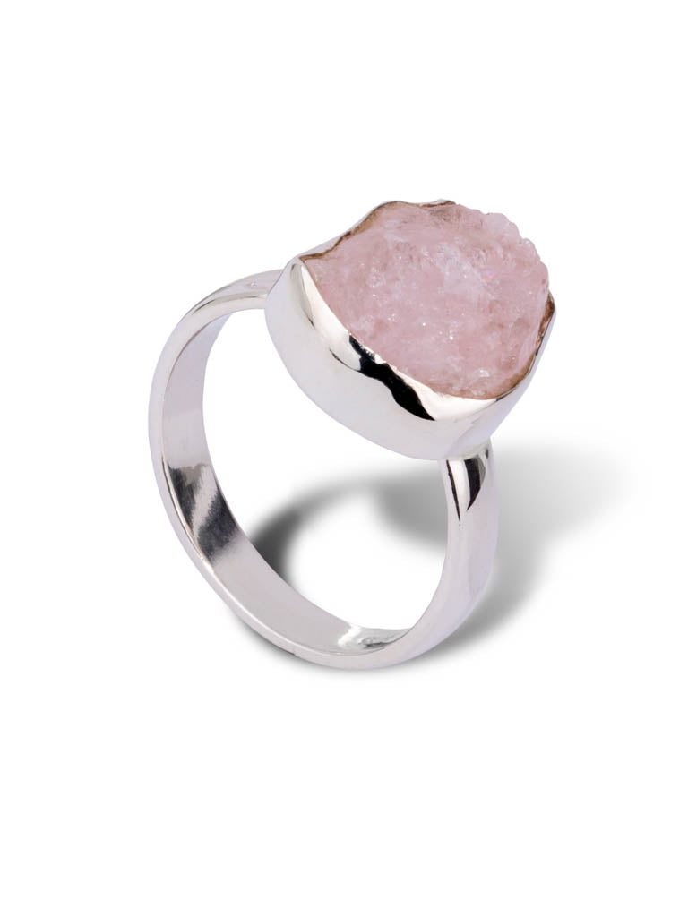 Silver Ring set with raw rose quartz, solid band