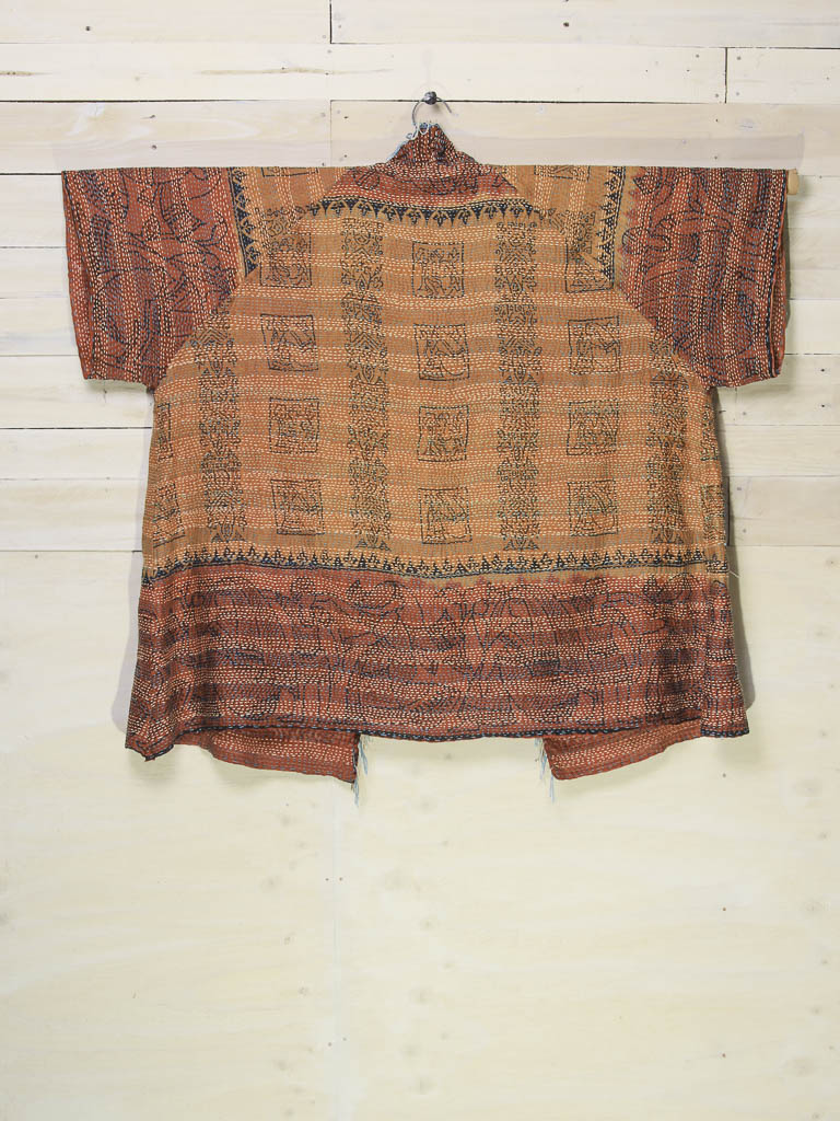 Kimono - silk reversible featuring hand stitching and pockets - oversized - Indian stamps