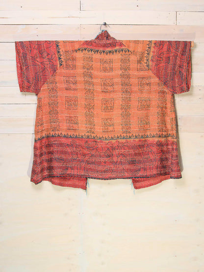 Kimono - silk reversible featuring hand stitching and pockets - oversized - Indian stamps