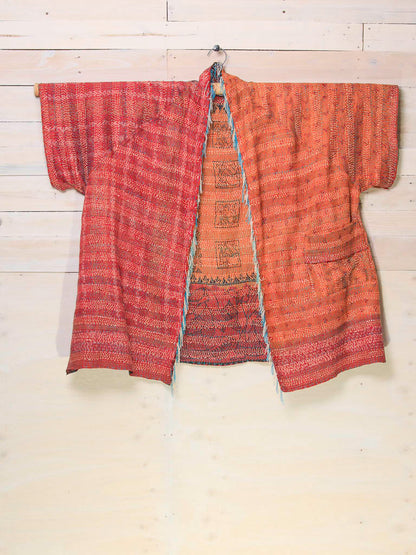 Kimono - silk reversible featuring hand stitching and pockets - oversized - Indian stamps