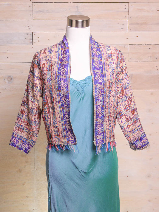 liliac kantha stitched silk jacket in abstract print