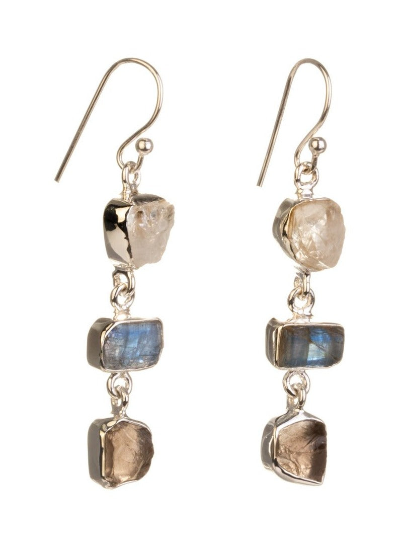 silver earrings with 3 crystal drop, and hook fastenings.