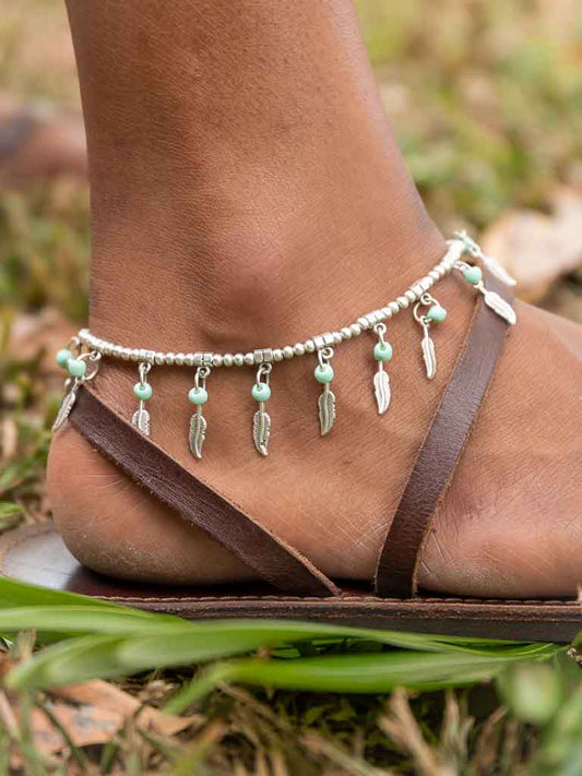 Brooke anklet - turquoise blue stones and feathers on an adjustable chain