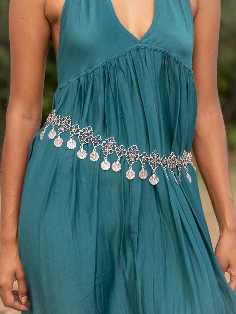 Fleur Turkish Coin Silver Belt  A string of Turkish coins on flower emblems on an adjustable chain 
