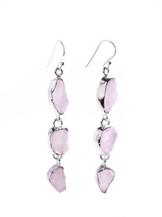 Silver Earring Triple Drop Rose Quartz