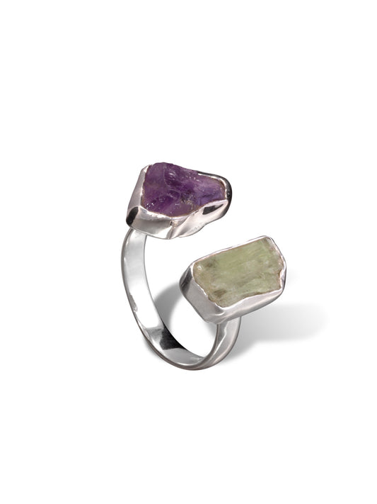 Silver Ring Double Amethyst and Green Kyanite