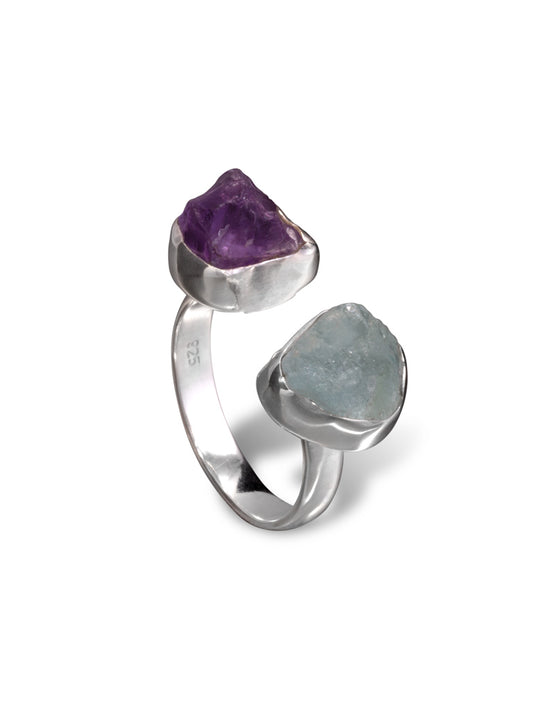 Silver Ring with raw cut amethyst and blue tourmaline.