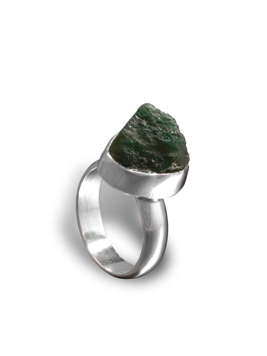 Silver Ring set with raw dark green adventurine