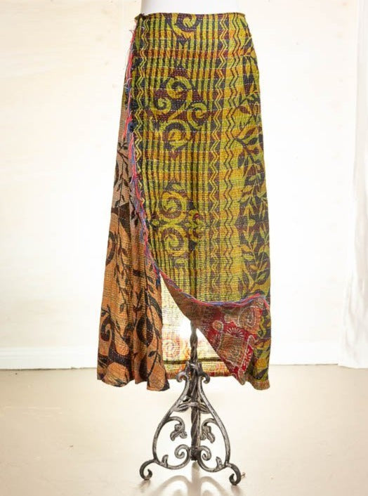 Tribal green silk skirt with batik design