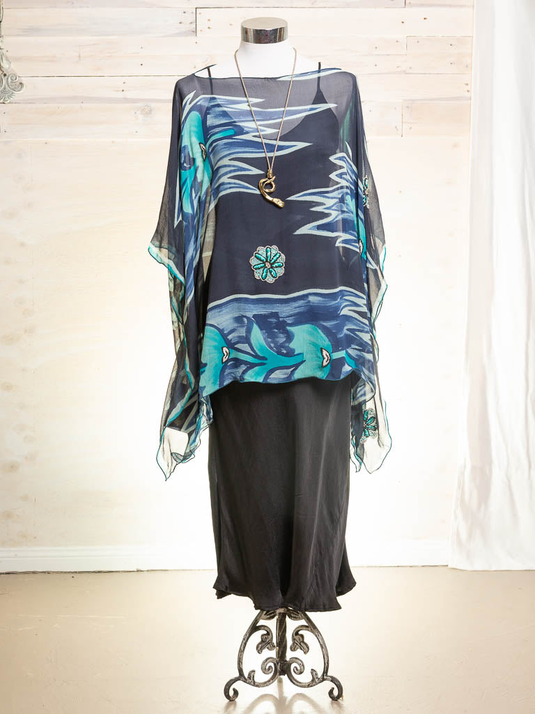Silk Crepe Kaftan/Top Navy Breeze