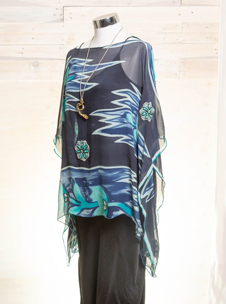 Silk Georgette Kaftan/Top Navy Breeze