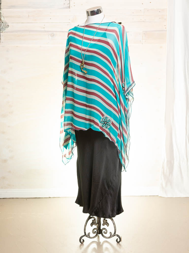 Silk Georgette Kaftan/Top Aqua stripes