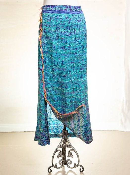 Azure blue silk kantha skirt