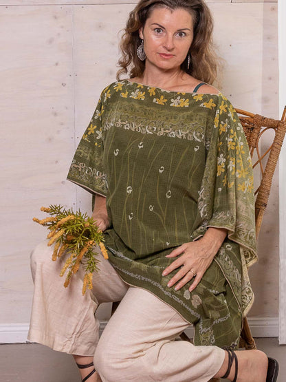 Silk Georgette Kaftan/Top yellow and cream daisies on an olive background