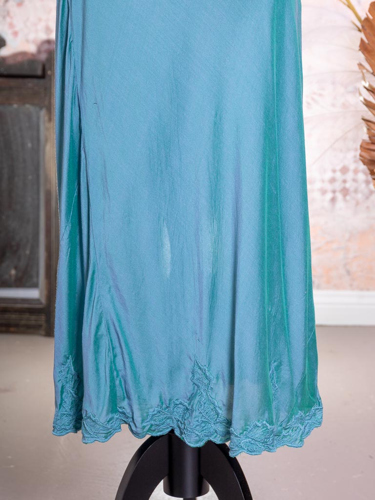 SALE Silk Linen Slip  Embroidered Cocoa & Teal
