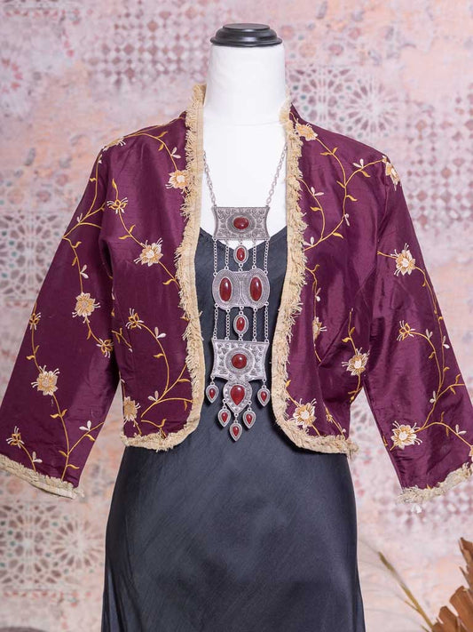 Stunning rich aubergine silk dupion jacket with gold and cream embroidery and fringing