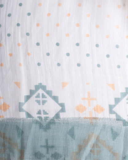 Light weight white silk cotton scarf with pattern