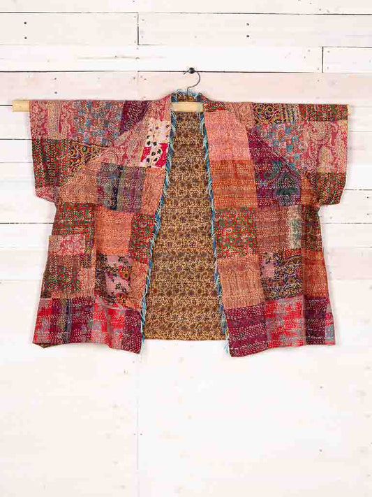 Kimono -Autumn Garden- silk reversible featuring hand stitching and pockets - oversized
