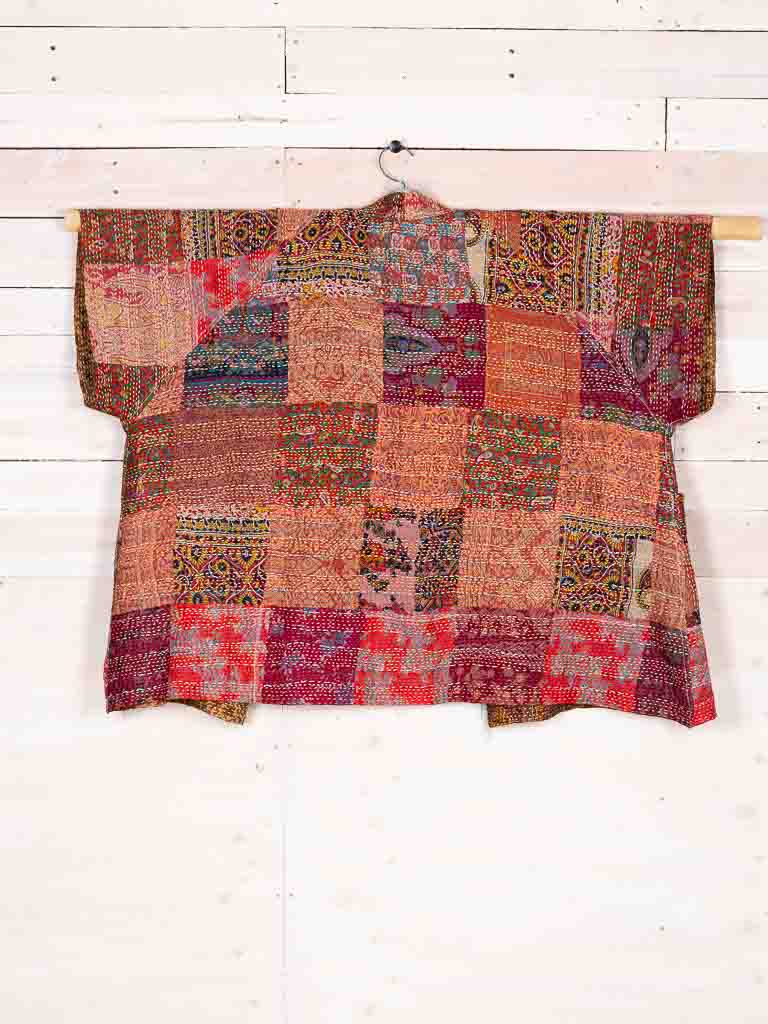 Patchamono Kimono -Autumn Garden- silk reversible featuring hand stitching and pockets - oversized
