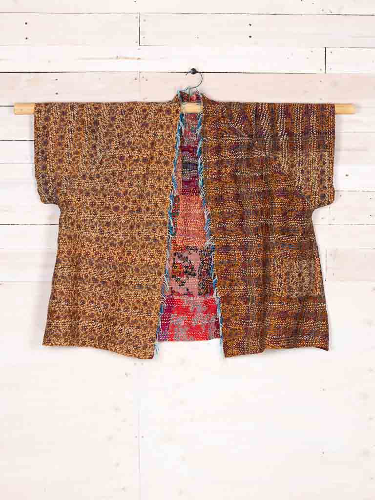 Patchamono Kimono -Autumn Garden- silk reversible featuring hand stitching and pockets - oversized