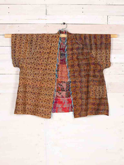 Patchamono Kimono -Autumn Garden- silk reversible featuring hand stitching and pockets - oversized