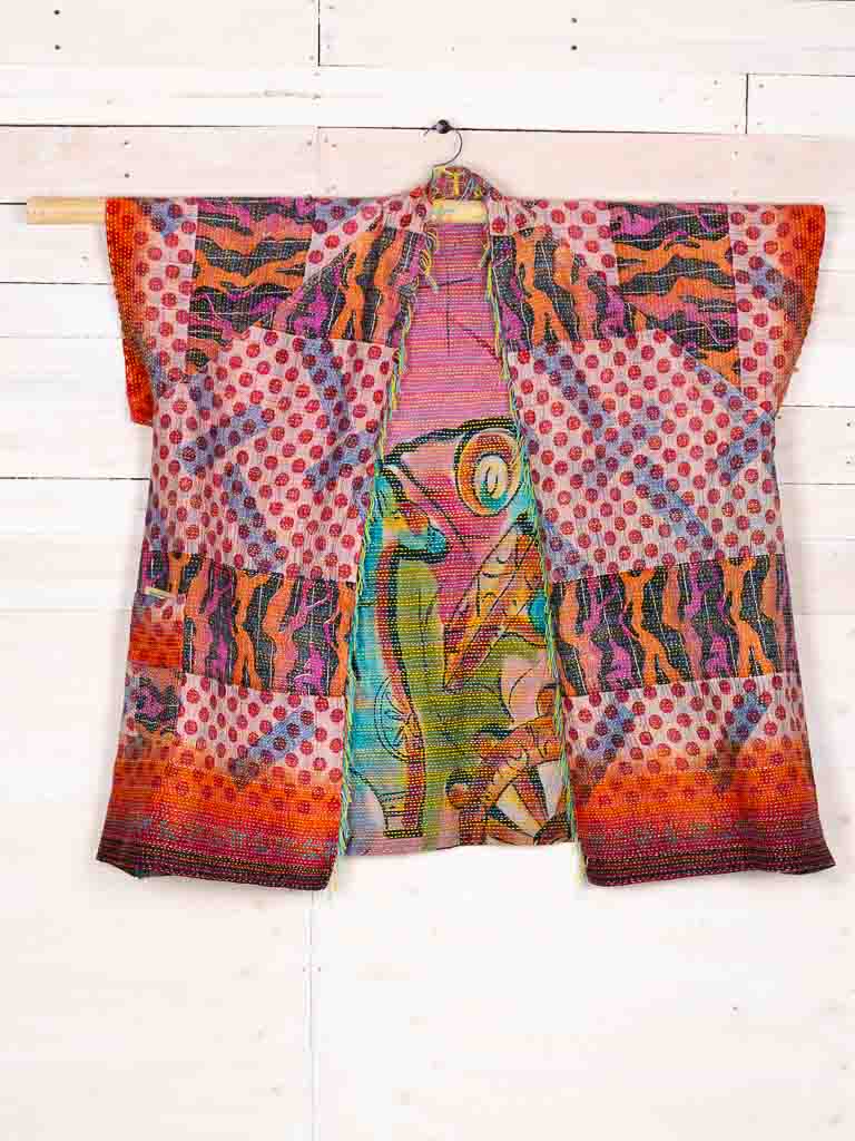 Kimono - silk reversible featuring hand stitching and pockets - Llama drama