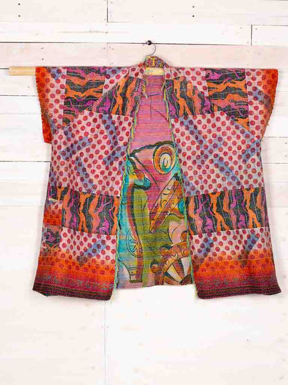 Kimono - silk reversible featuring hand stitching and pockets - Llama drama