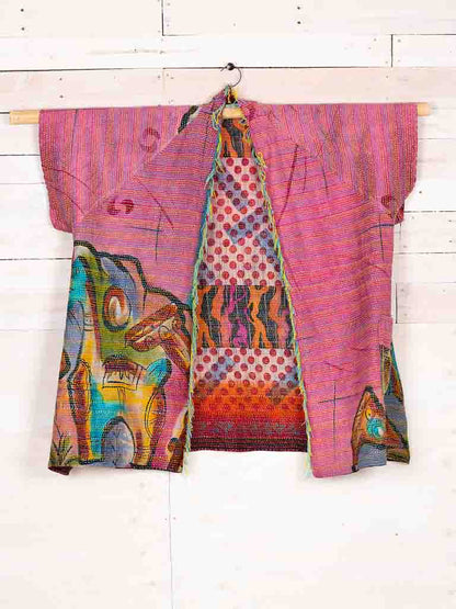 Kimono - silk reversible featuring hand stitching and pockets - Llama drama