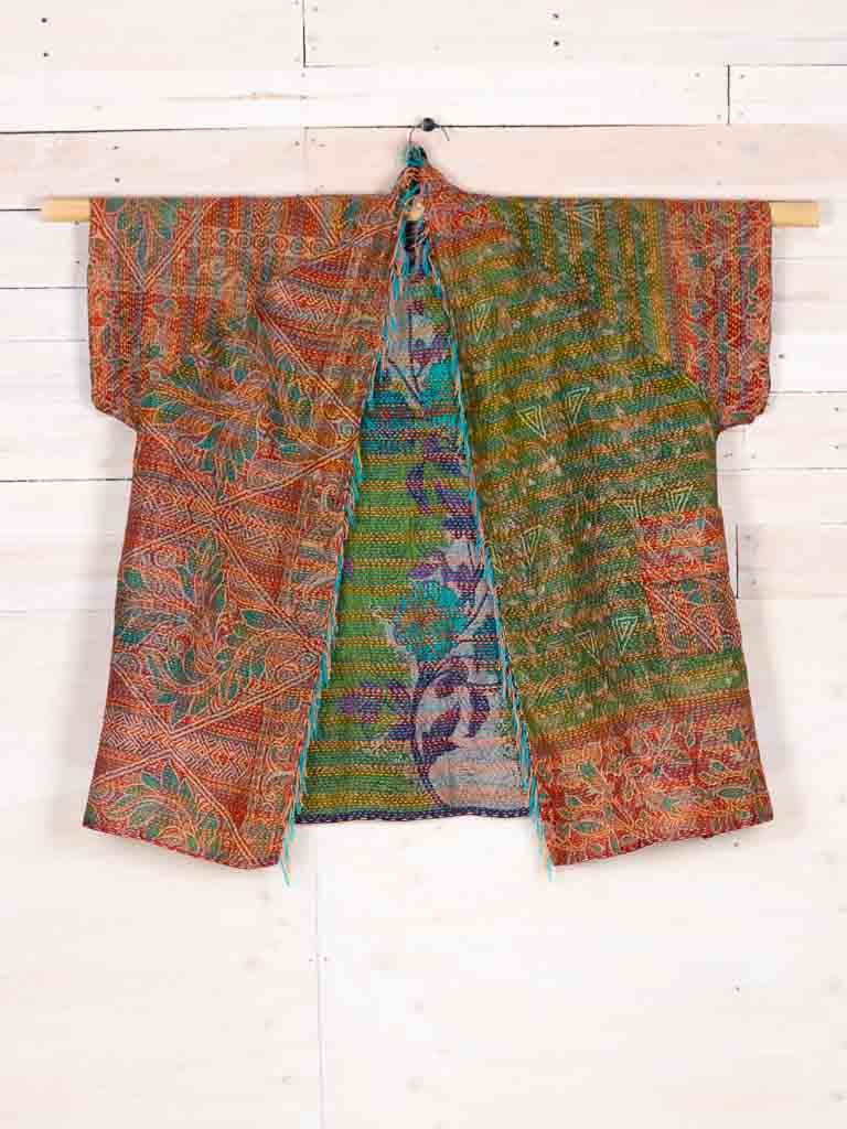 Kimono - silk reversible featuring hand stitching and pockets - Volcanic Garden