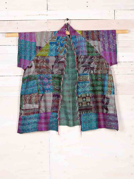 Kimono -Aqua Aesthetics- silk reversible featuring hand stitching and pockets - oversized