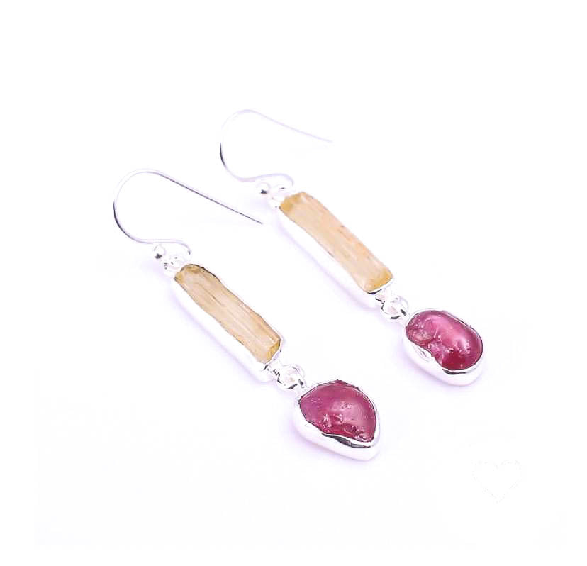Silver Earring Double Scapolite & Ruby